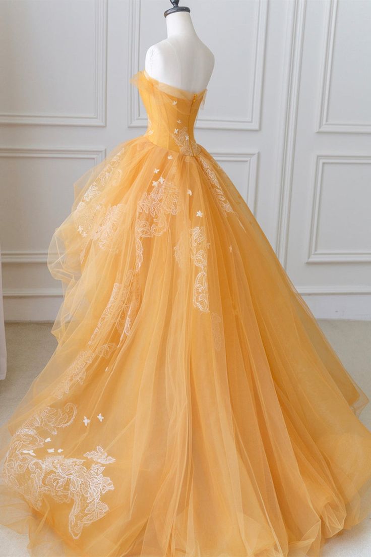 Orange Tulle Strapless High Low Lace Long Prom Dresses, High Low Orange Formal Evening Dresses S3042