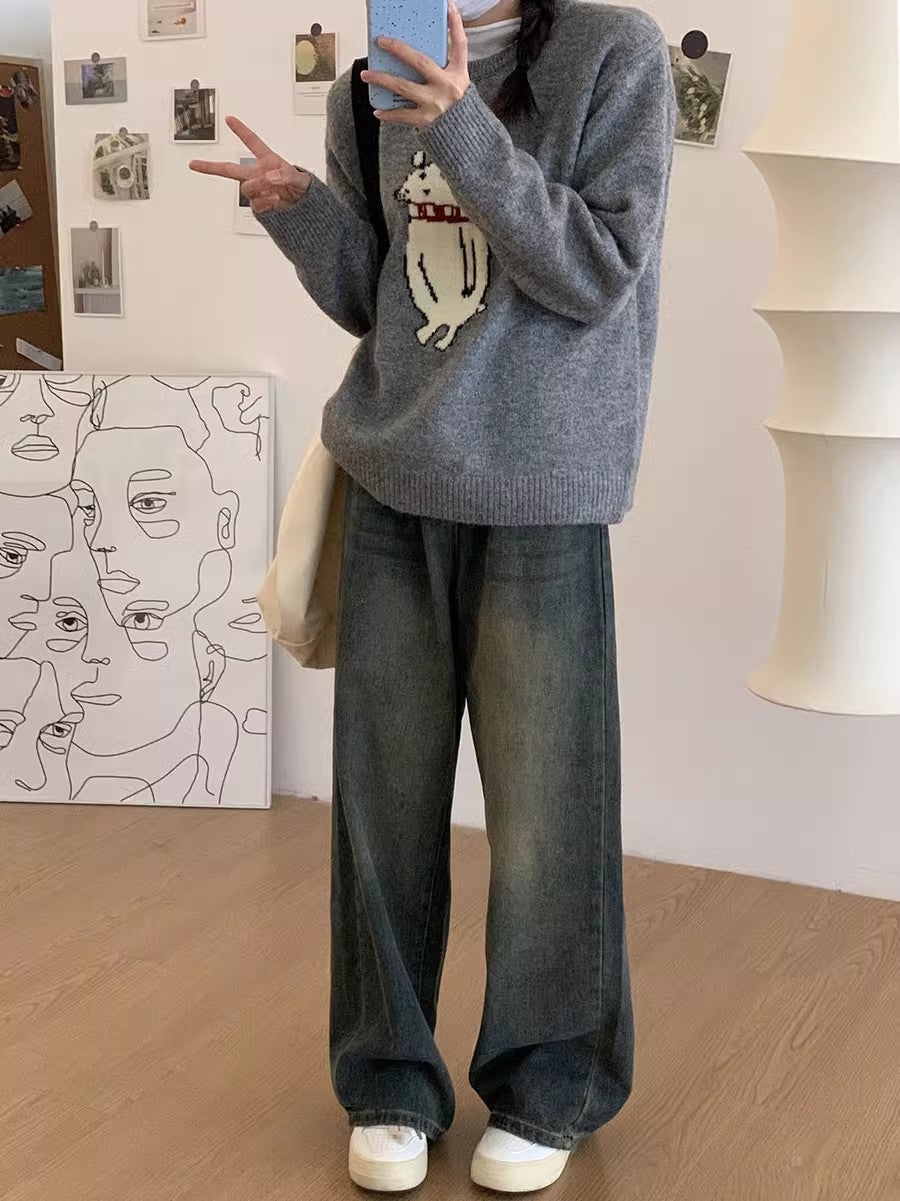 round neck cute cartoon embroidery design long-sleeved knitted sweater S4683