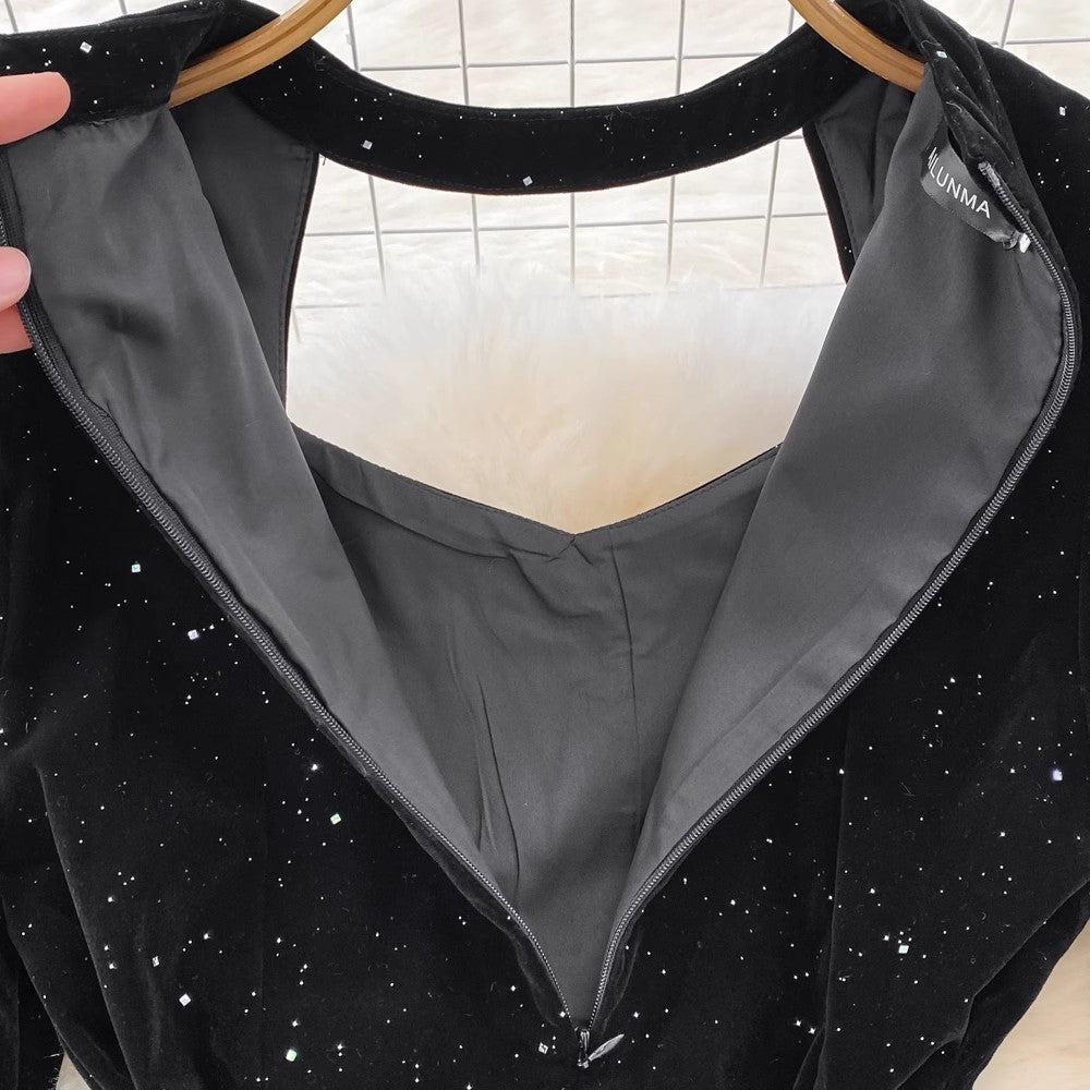 Square Neck Party Halter Neck Sparkling Velvet Dress S3948