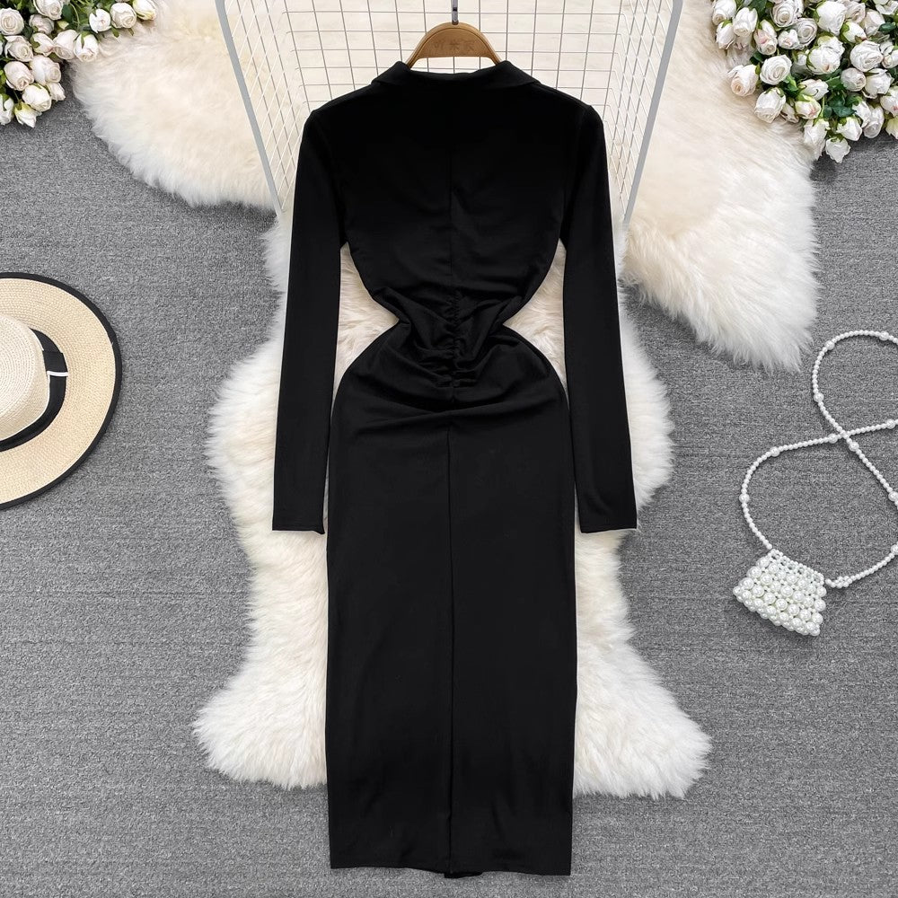 polo collar long-sleeved chic pleated mid-length slit dress S4327