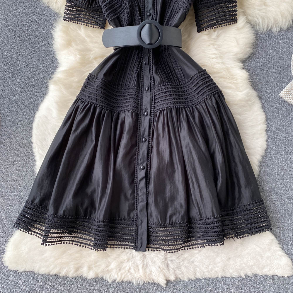 Lace Puff Sleeves Stitching Lace A-line Dress With Belt S4472