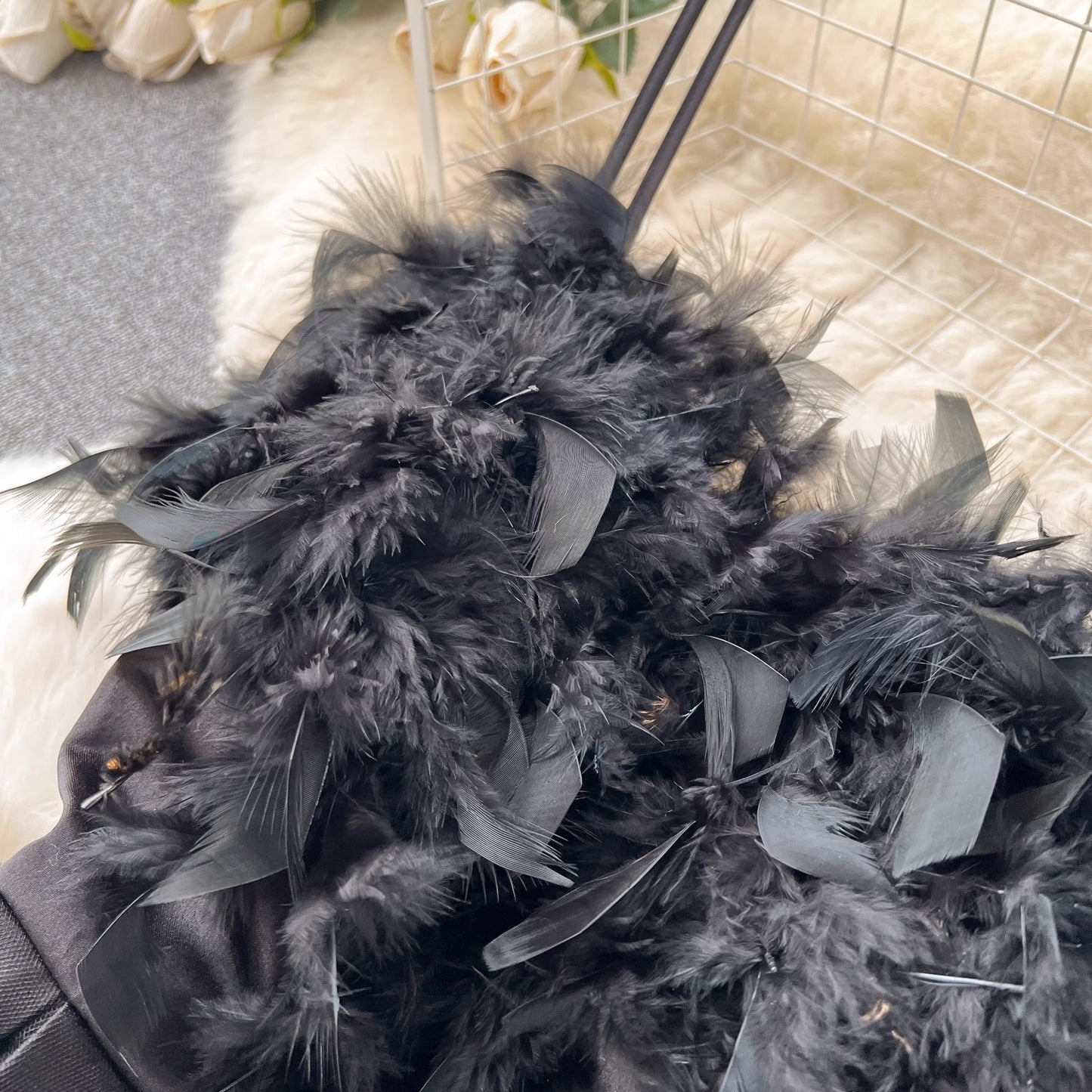 black dress for women feather puffy suspender dress S4586