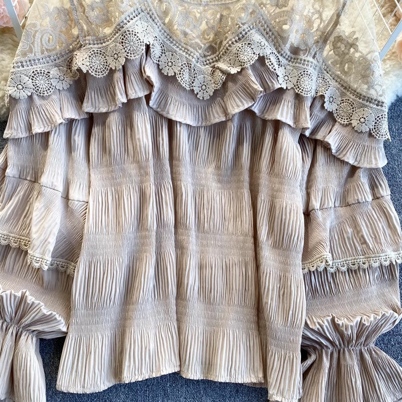 French gentle style top for women see-through ruffled puff sleeve chiffon top S4621