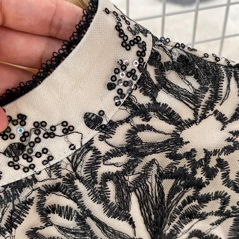 embroidered mesh dress, lantern sleeves, knee-high A-line skirt S3886