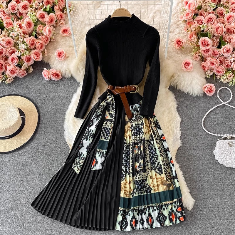 Print Skirt Knitted Sweater Pleated Dress S3944