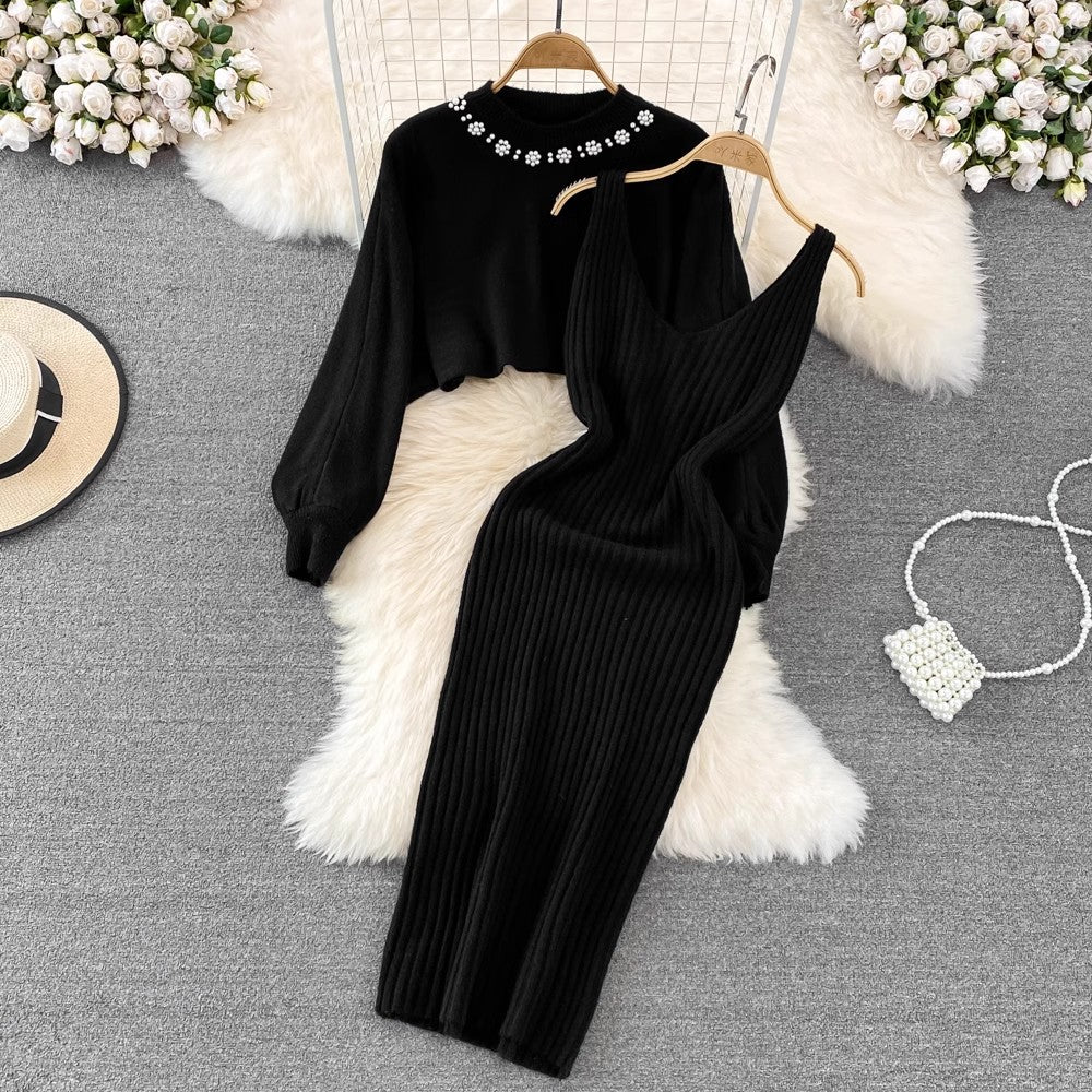 round neck beaded sweater two-piece hot girl knitted vest dress for women S4116