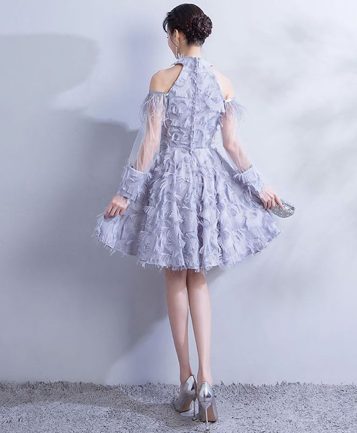 Gray Lace Short Prom Dress, Gray Lace Homecoming Dress S2962