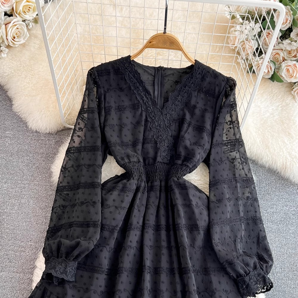 Long Sleeve V-neck A-Line Lace Dress S4165