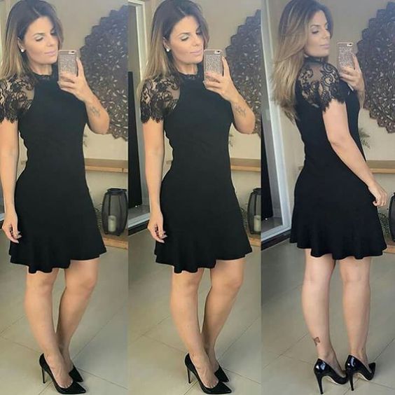 Cute Short Lace Black Short Sweet 16 Black Prom Dresses S2999