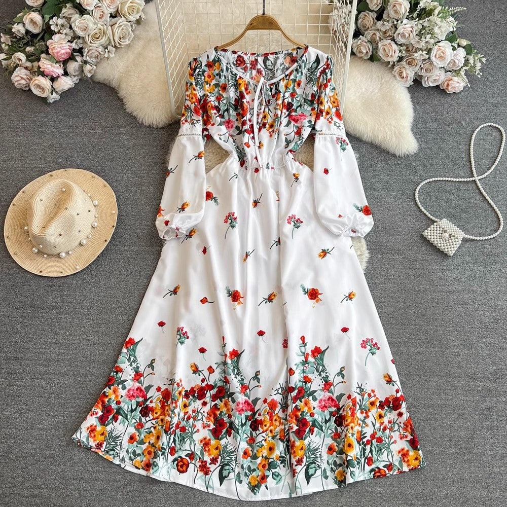 Fashionabal long-sleeved round neck A-line printed dress elegant long skirt S4252