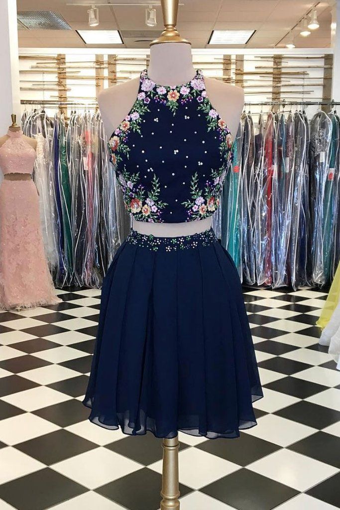 Unique dark blue two pieces short prom dress, cute homecoming dress S3337