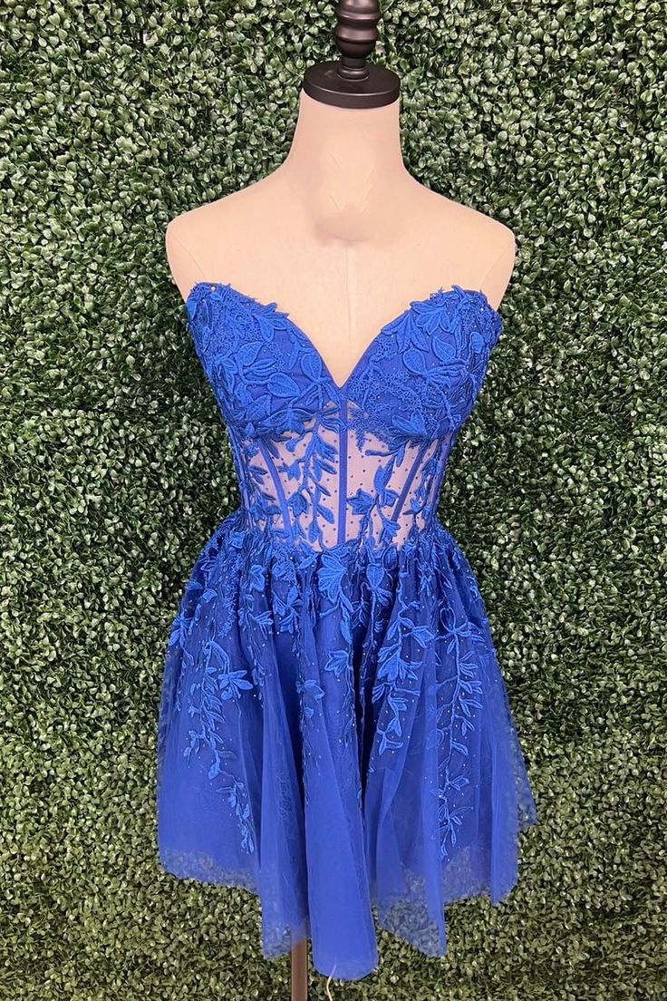 Sweetheart Royal Blue Lace Appliques Short Dress S3297