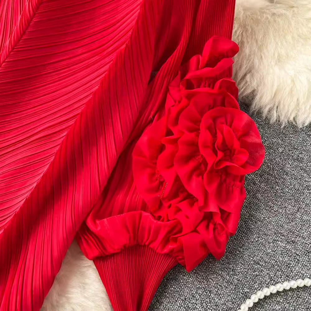 ruffled puff sleeve mid-length dress for women S4578