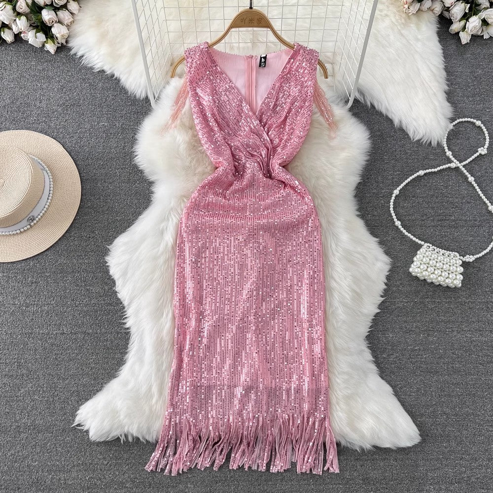 evening dress women's V-neck sequined tassel dress S3936