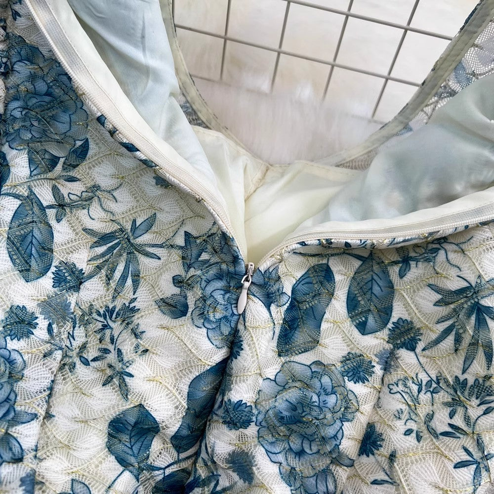 puff-sleeved V-neck mid-length slit printed dress S4109