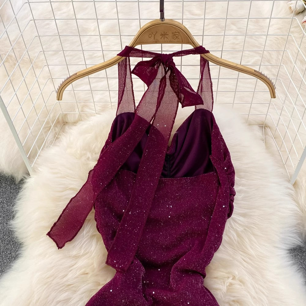 Banquet evening dress,sequined halter neck dress S3968