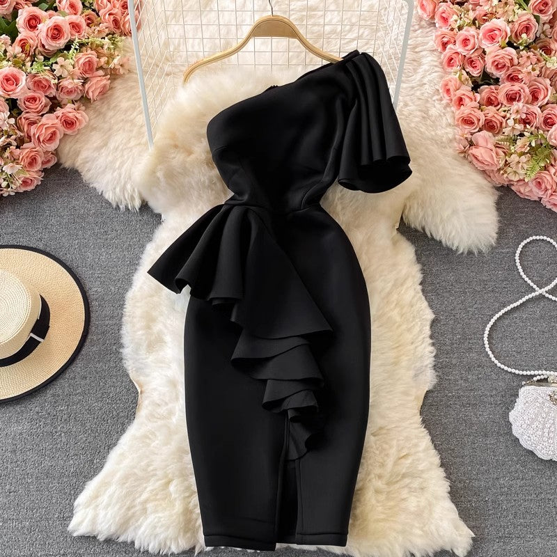 ruffled shoulder dress Female off-shoulder slit dress S3906