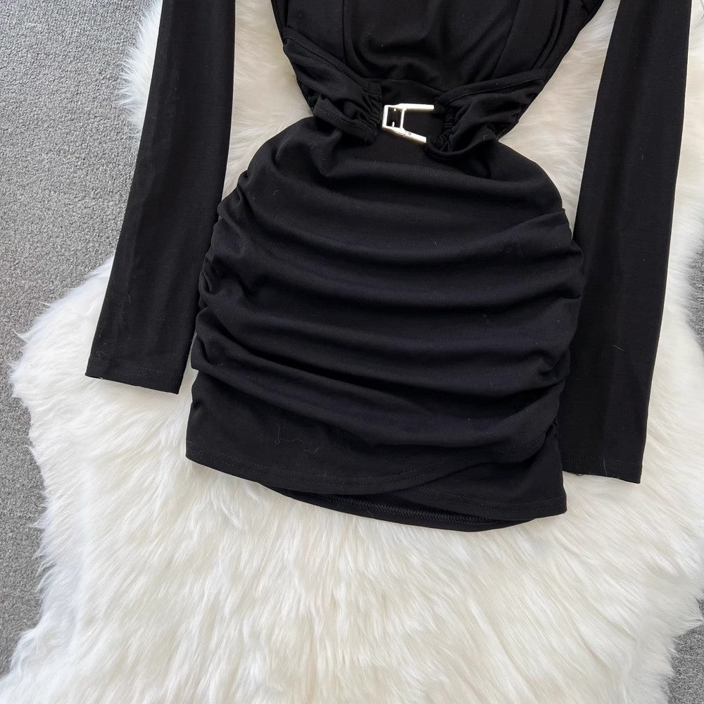 Long Sleeve Round Neck Short Pleated Dress S4074