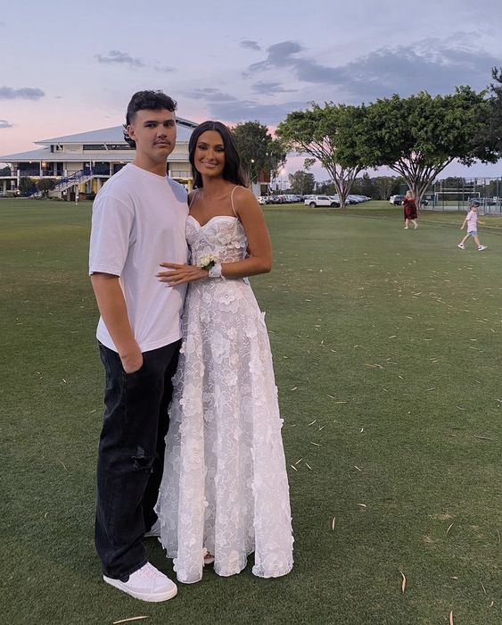 Sexy A Line Spaghetti Straps White Lace Prom Dresses S3002