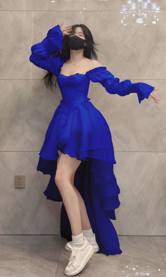 Royal blue high low prom dress, evening dress S3542