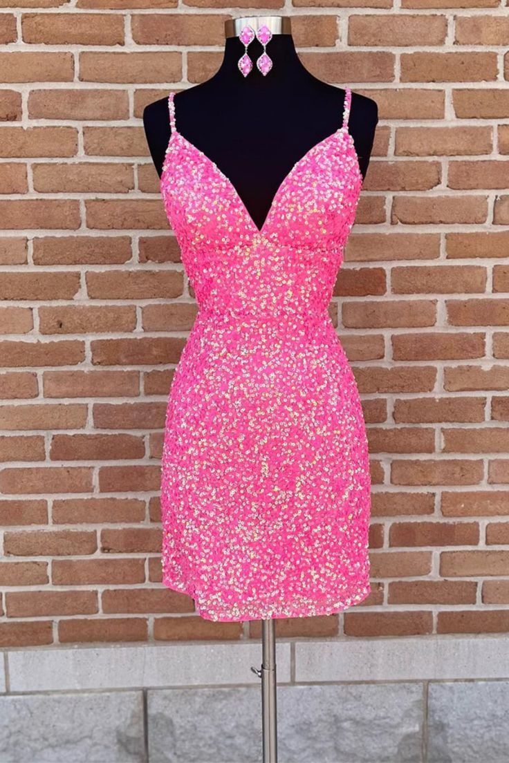 Short Hot Pink Sequined Tight Homecoming Dress S3211