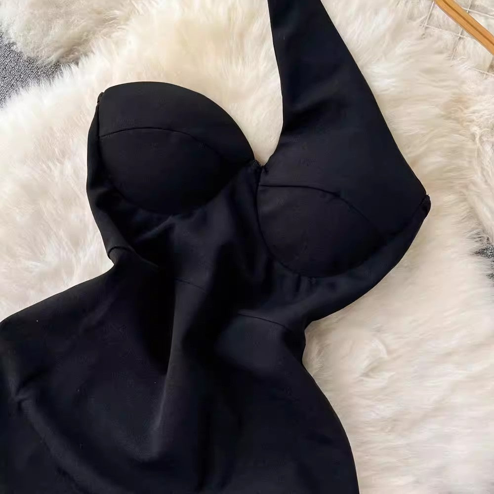 Black sleeveless one-shoulder long dress fo sexy dress S4633r women with fashionable design irregular