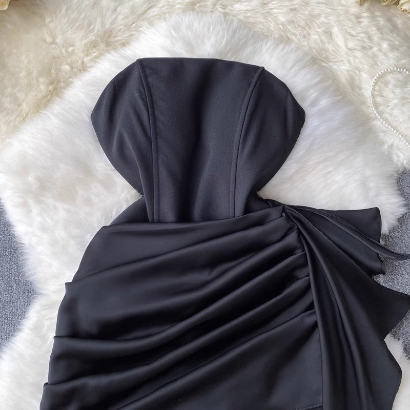 Sexy irregular pleated ruffled tube top dress evening dress S4562