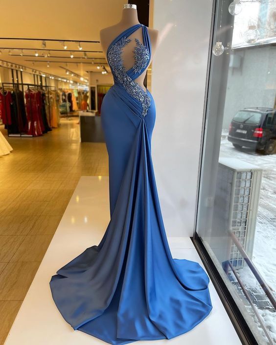 Blue Prom Dresses, One Shoulder Prom Dresses, Sexy Prom Dresses, Sashes Prom Dresses, Satin Prom Dresses, Arrival Evening Gowns S3750