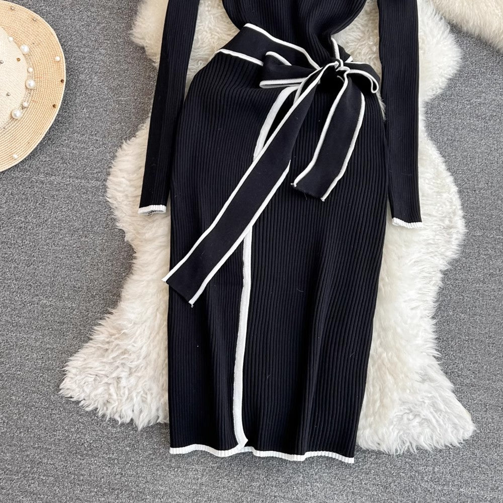 chic long-sleeved mid-length knitted dress S4212