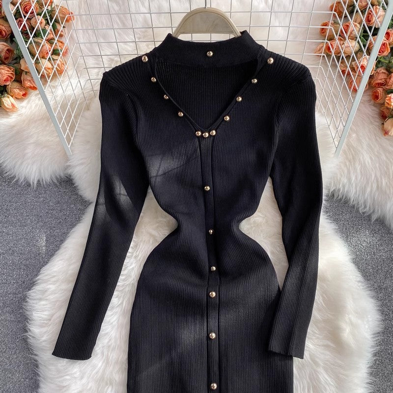 Long-sleeved halterneck V-neck stretch knit dress S4303