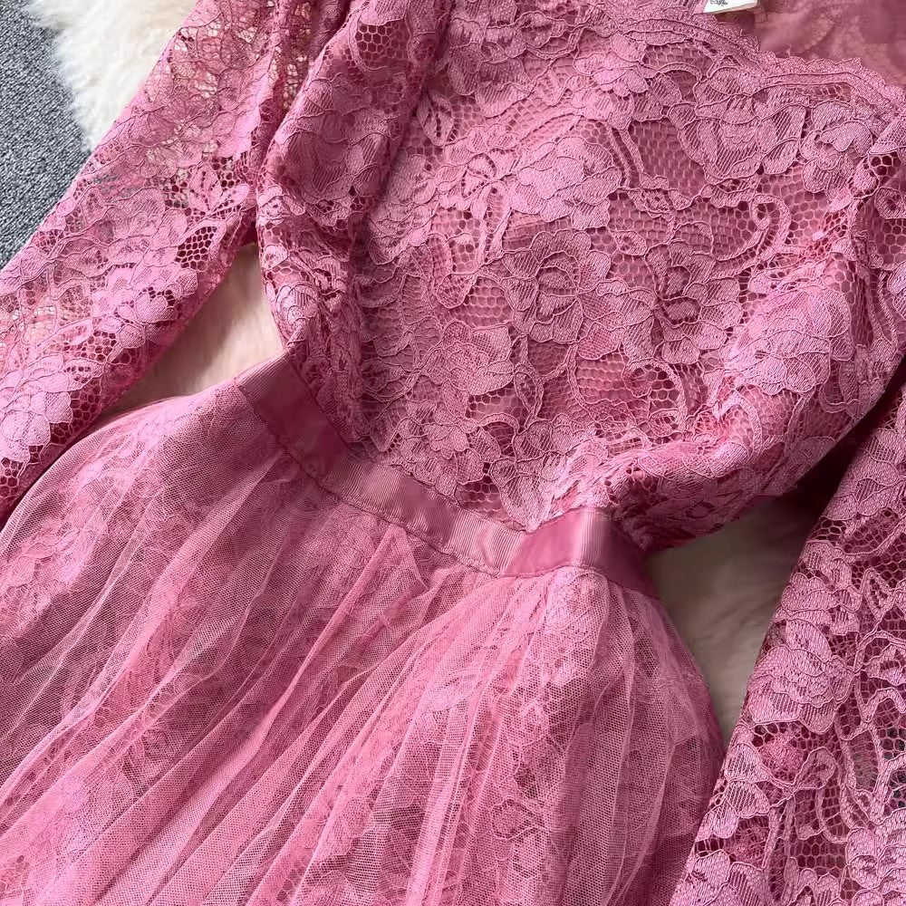 French retro lace dress for women long skirt S4623