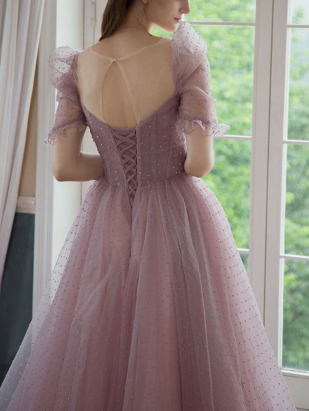 Sweetheart Tulle Beads Tea Length Pink Prom Dress, Tulle Homecoming Dress S3243