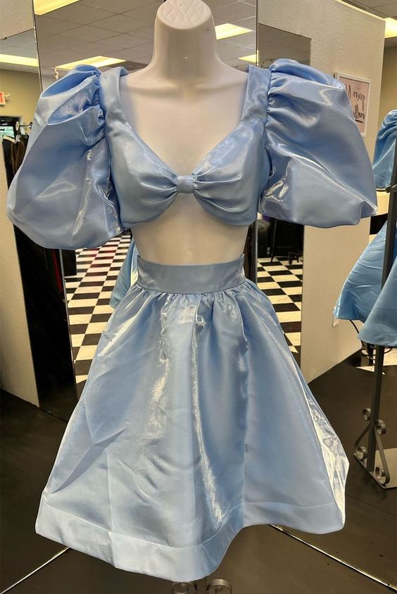 Light Blue Two-Piece Puff Sleeves A-line Homecoming Dress S2840