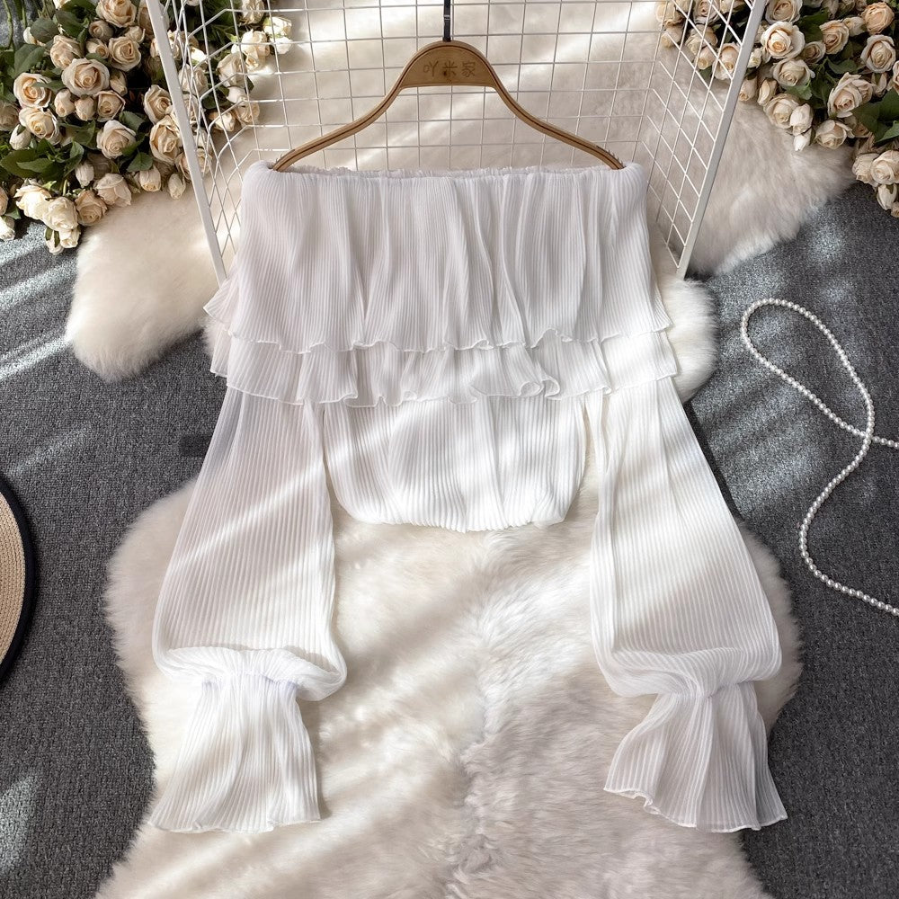 Fashionable design puff long-sleeved off-shoulder ruffle pleated chiffon women's casual top S4210