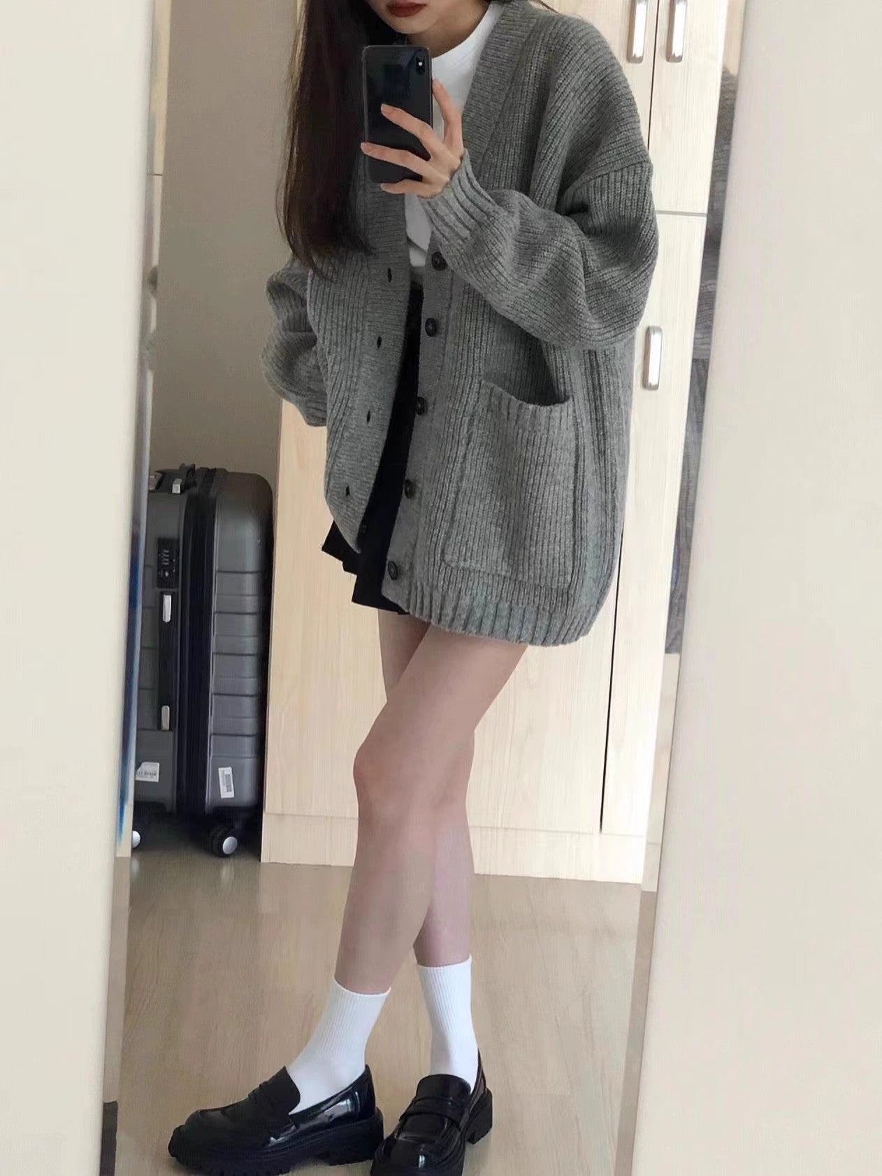 gray knitted sweater coat cardigan women's top S3394