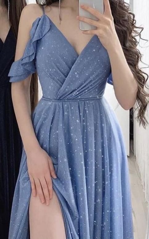 Spaghetti Straps A Line Blue Prom Dress With Split S3857