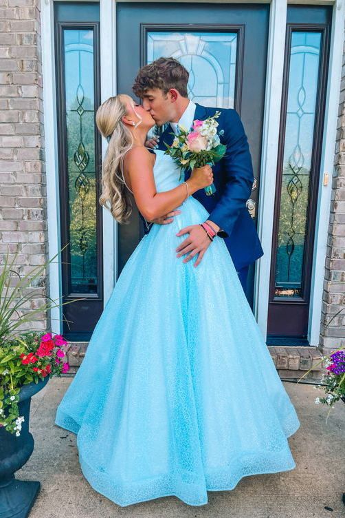Stunning Sky Blue Sparkly Long Prom Dresses, Spaghetti Straps A-line Sequins Formal Gown S3778