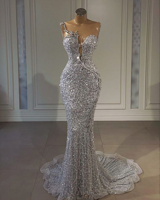 Floor Length Mermaid Silver Prom Dress        S3757