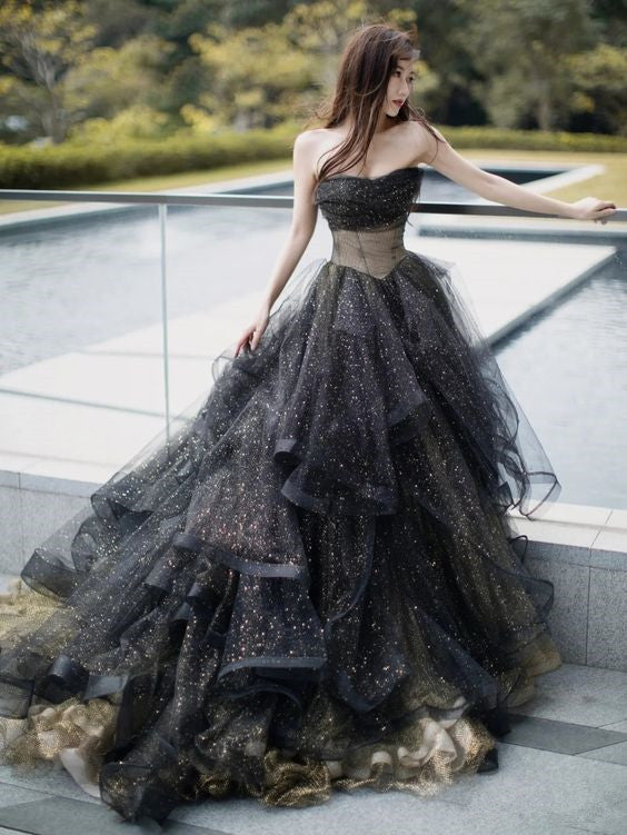 Black Sparkly Tulle Prom Dresses Strapless Ruffled Formal Gown S3545