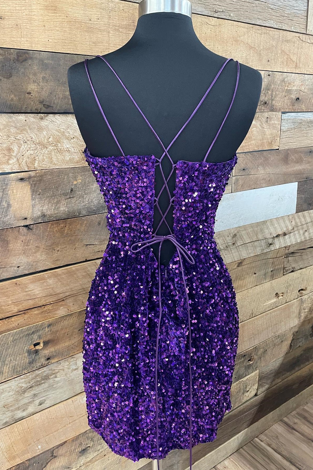 Purple Sequin Straps Tight Mini Party Dress S3672