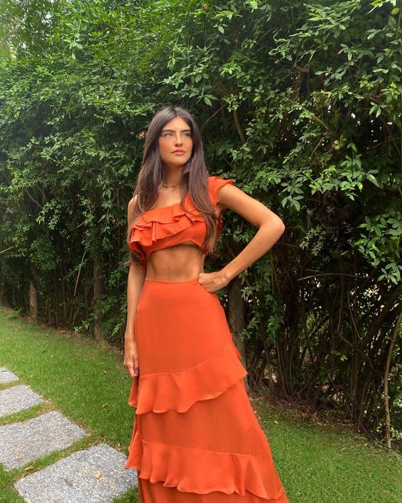 Two Piece Orange Prom Gowns Lady Fashion Party Dress S2869