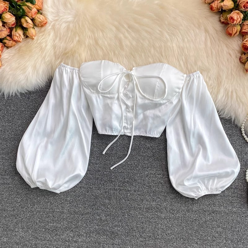 Sexy off-shoulder tube top, puff-sleeved short chic top S3967