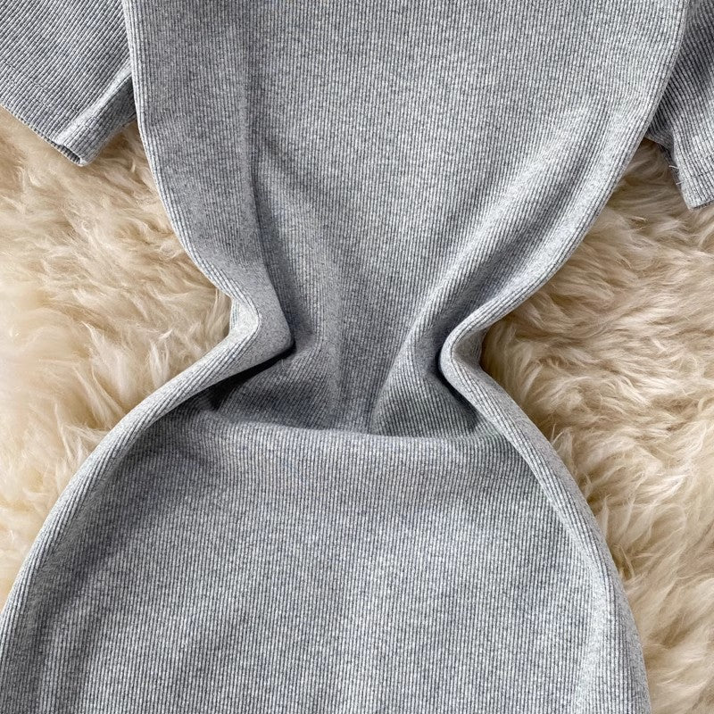 new gray round neck short-sleeved dress slit long skirt S4253