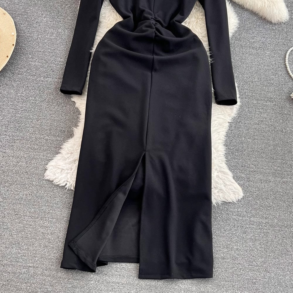 elegant long-sleeved square neck red dress elegant long skirt S4251