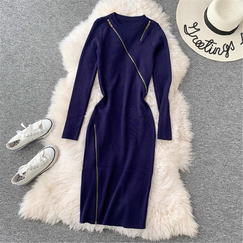Round Neck Knitted Dress Women's Mid-Length Sweater Skirt Zipper Slit S3911