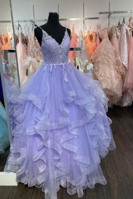 Straps Layers V-neckline Lace Applique Formal Dress, Blue Gown Party Dress S3843