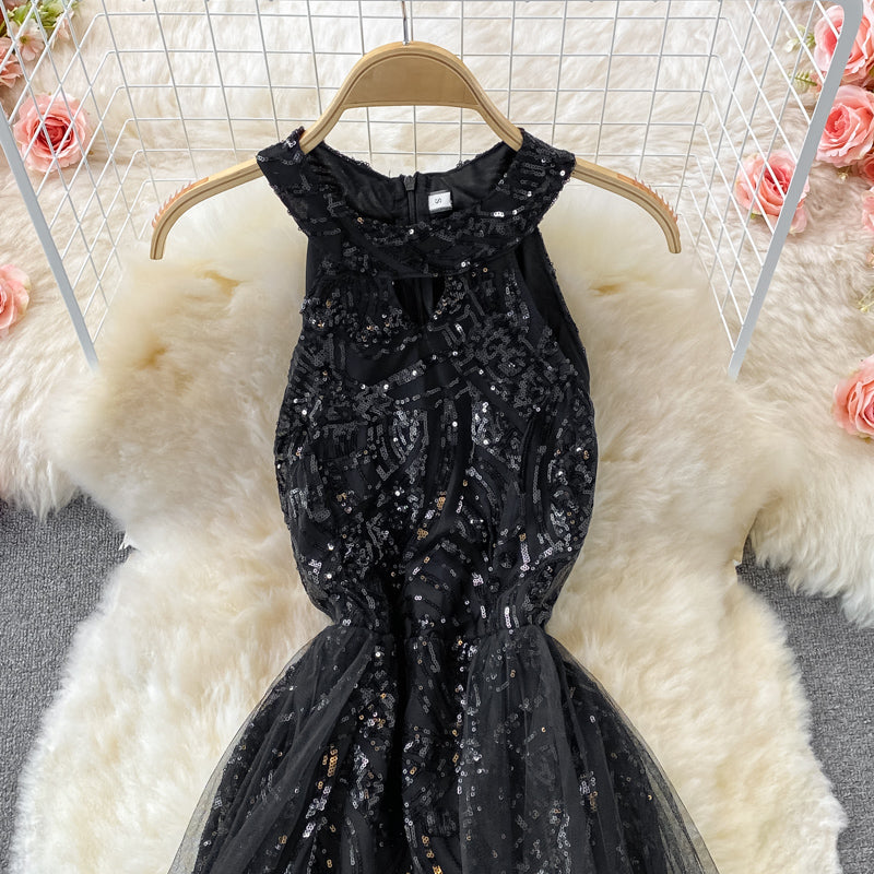 Mesh-paneled Halterneck Sequined Dress S4464