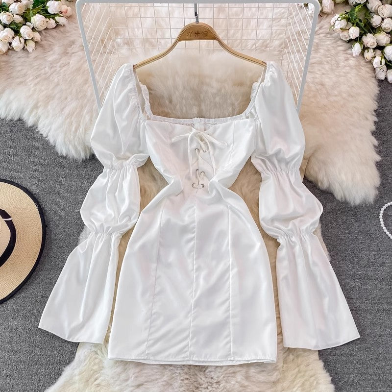 Puff Sleeve Square Neck Mid-Length Dress Fashionable Skirt S4012