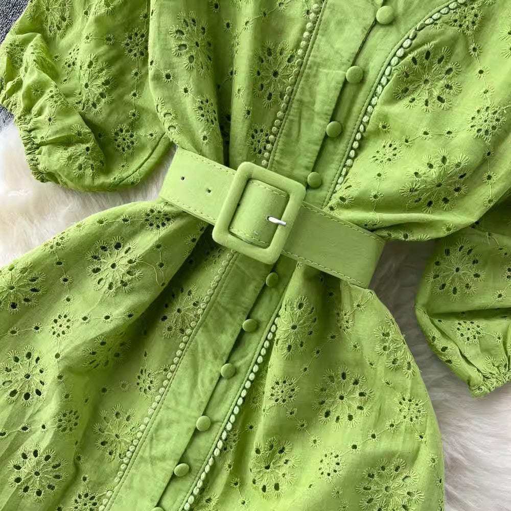 V-neck dress women's puff sleeves ruffle long skirt S4560