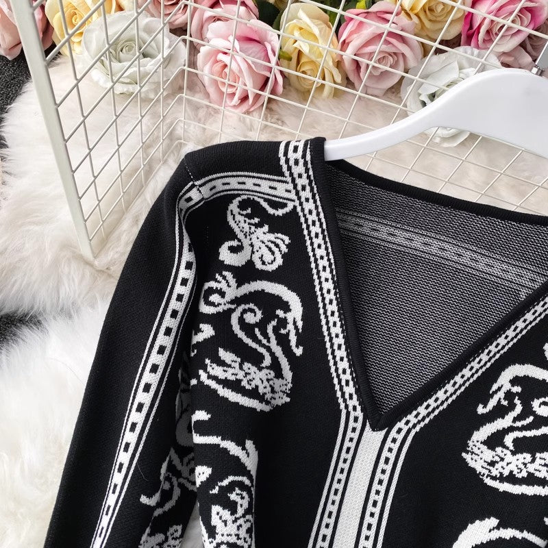 Long-sleeved V-neck knitted dress for women fashionable mid-length sweater skirt S4233